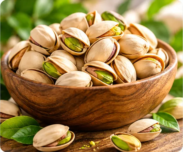 پسته با پوست در ظرف چوبی، تصویر نمایشی محصولات پامینار